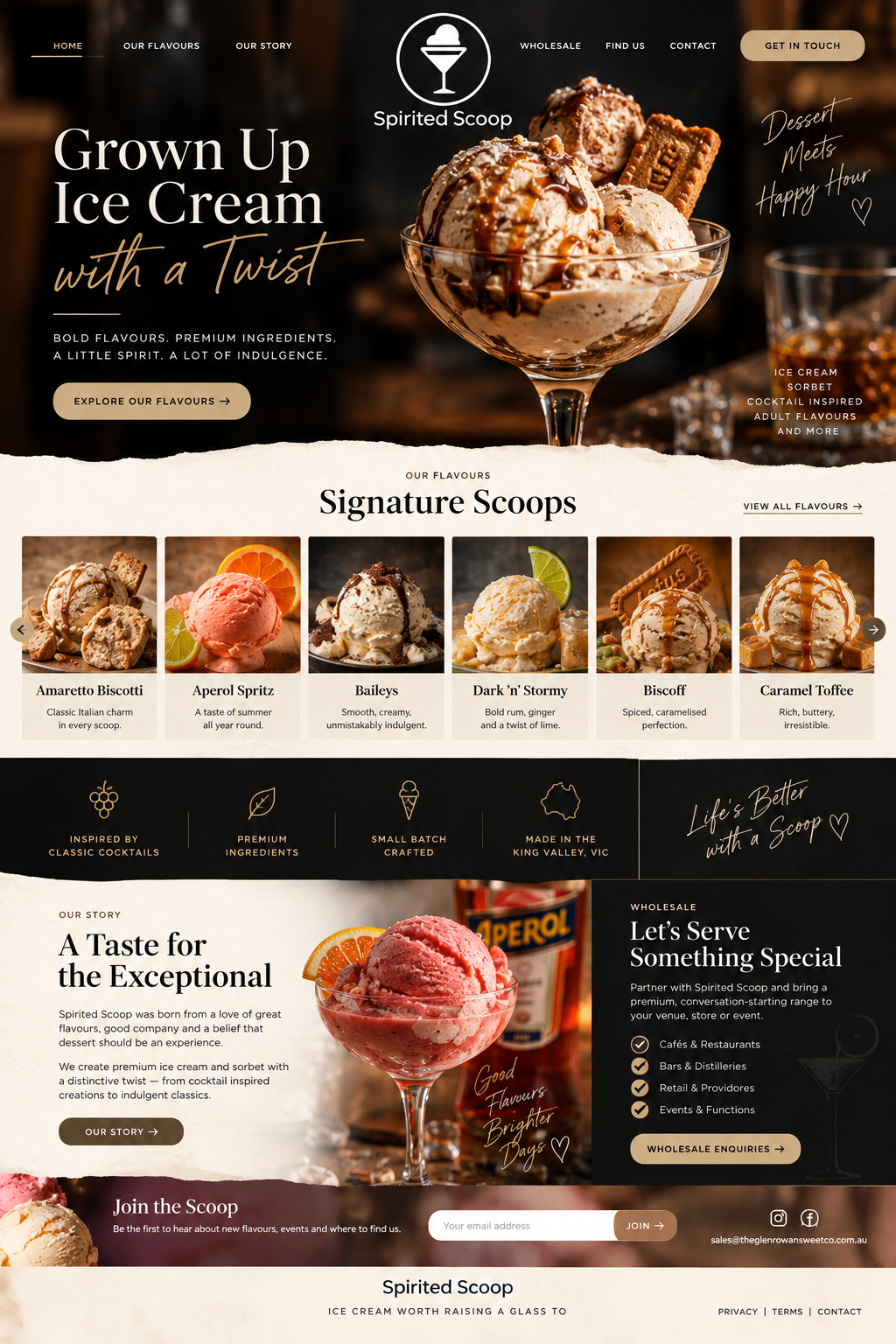 Spirited Scoop — grown up ice cream with a twist. Signature cocktail-inspired and indulgent ice cream flavours, wholesale enquiries and King Valley story.